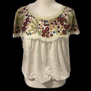 Free People Top Embroidered Boho Floral Mesh Yoke Festival Casual Sz M